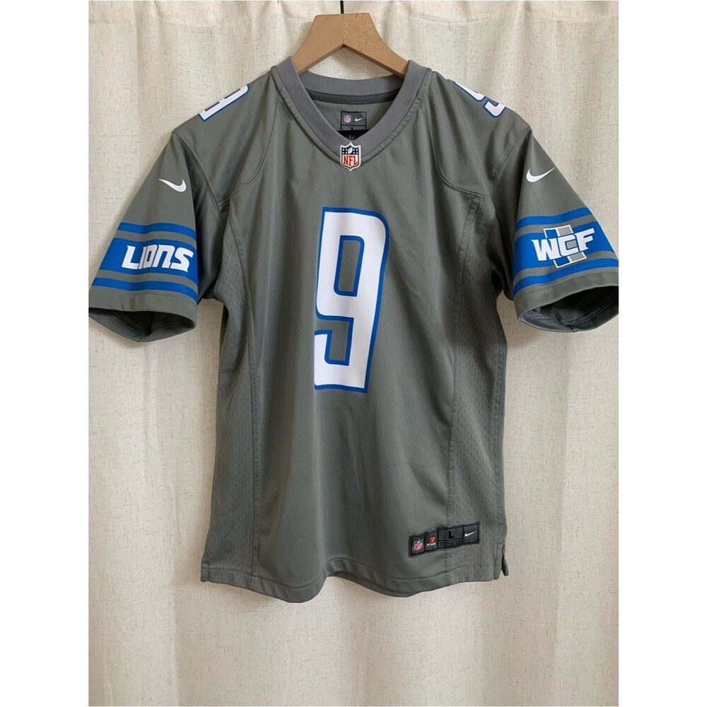 Nike Detroit Lions #9 NFL Jersey Gray Stafford Blue & White Accents Boys Large